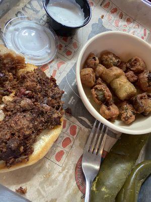 Chopped brisket sandwich and okra