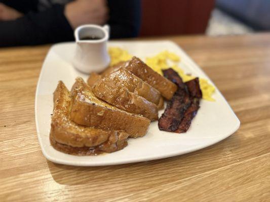 caramel French toast, bacon, and eggs