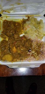 Curry Goat, Rice & Peas, and Cabbage