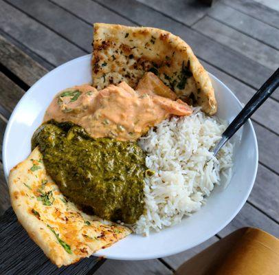 Saag paneer and vegetable malai with garlic naan and rice