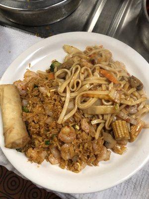 Shrimp Lo Mein with shrimp fried rice both of them spicy on the lunch special for $9.30.