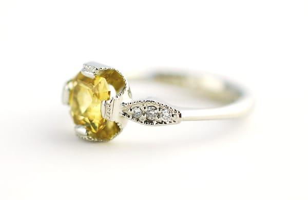 Custom engagement ring with conflict free yellow sapphire and diamonds repurposed from heirloom ring, 18k white gold- The Ashley