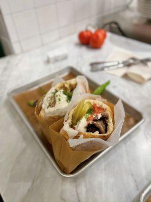 Ribeye minute steak pita with tahini, salsa, pickles, tomato, spicy green peppers