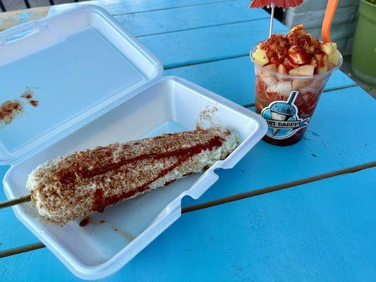 Elote Entero and Fruit Cup