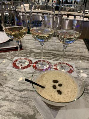 Crisp white wine flight and an espresso martini