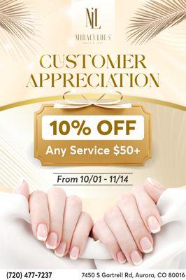 CUSTOMER APPRECIATION 

 We are so grateful for your amazing support during our grand opening!
 To show our appreciation, we're