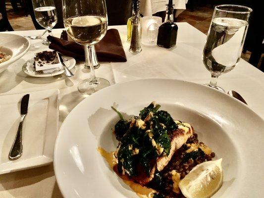 My Moroccan Salmon with spinach. The white wine was good, too!