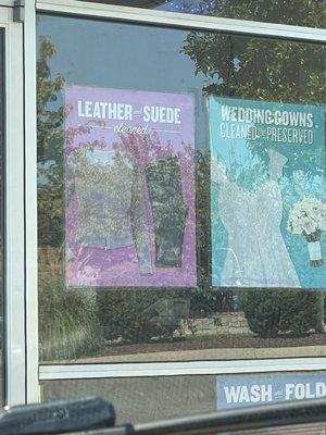 This sign is hanging in their window. When I went inside to drop off a leather coat and pants, they said they don't clean leather.