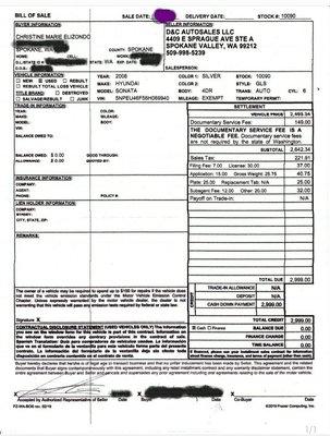 Bill of Sale showing that D&C Auto Sales had every opportunity to disclose to their consumer that the car was a total loss. They did not.