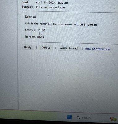 Professor messaging students same day with test info and time for a remote course!