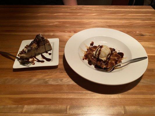 Turtle cheesecake & Waffle with Bavarian Chocolate Curls