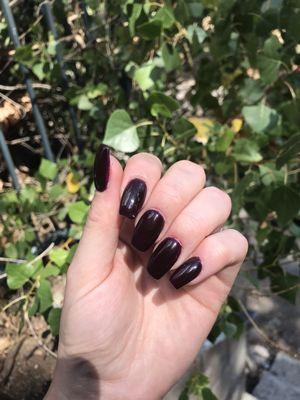 Acrylic nails with color "Red wine" a really dark purple, by Helen