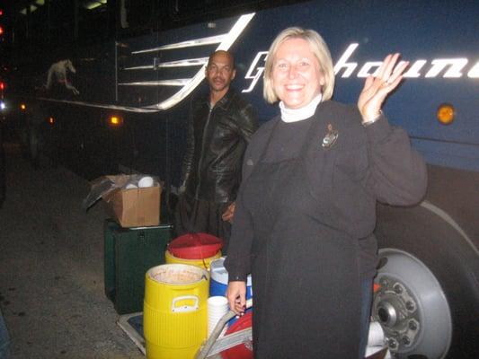 Friendly service, serving our group warm (and delicious) chili before getting on the bus leaving the USC/ND game 10/22/11