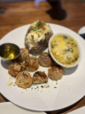 Fresh Sea Scallops (Pan Blackened)  Sides: Spicy Spinach Mac & Cheese, Loaded Baked Potato