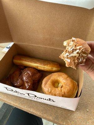 Maple bar, apple fritter, glazed