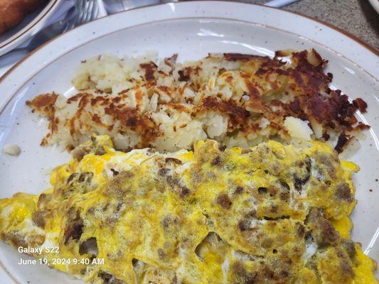 Sausage and cheese Omelet and Hashbrown