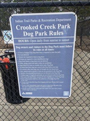 Dog park rules at Crooked Creek Park, Indian Trail