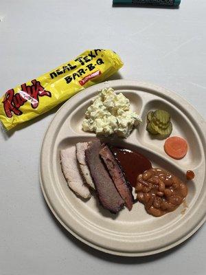 Catered lunch by Rudy's - Chicken, brisket, potato salad, beans, Rudy's sassy bbq sauce