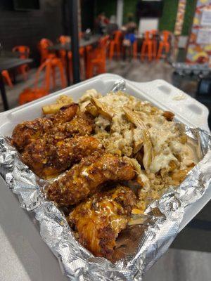 Hot garlic parm tenders and crab fries