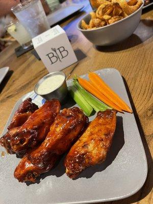 B&B CHICKEN WINGS - spicy bourbon glaze, celery & carrots