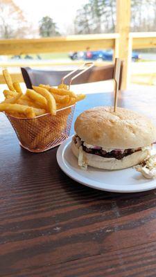 Carolina Classic burger with battered fries.