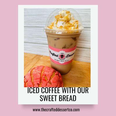 Signature caramel ice coffee and sweet bread know as "conchas"