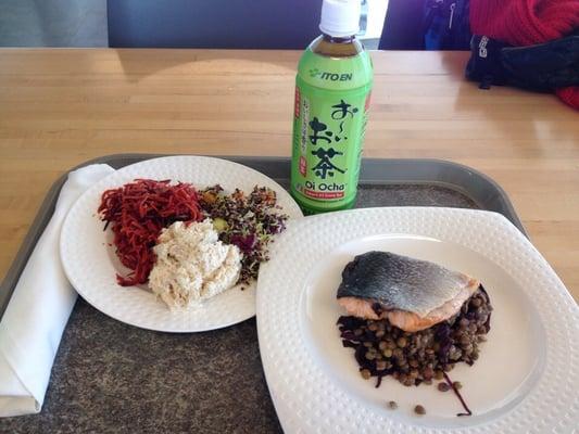 Healthy lunch - carrots w sesame oil, quinoa, tuna, scottish salmon with cabbage