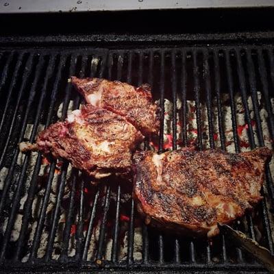 Saturday night dinner at the Moon Glo. My steak being grilled to perfection.