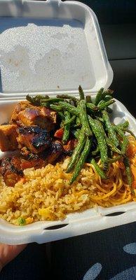 Bourbon chicken and string beans with fried rice and chow mein