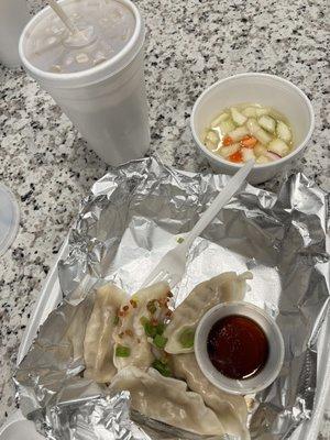 Pot stickers, cucumber salad and Thai iced coffee (aka "the $17 meal deal"). Haha!