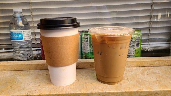 Medium hot latte, large iced hazelnut latte. Yum. Served so fast too!