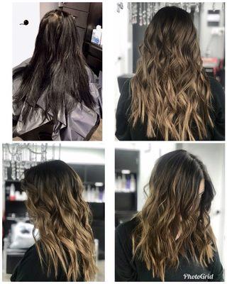 Color correction from black to caramel blond# color# haircut# waves