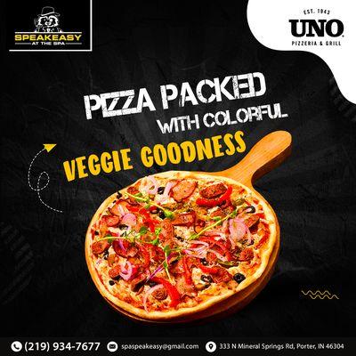 Indulge in a pizza packed with colorful veggie goodness! Order now at #SpeakeasyattheSpa and treat yourself to a burst of flavor