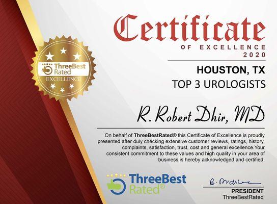 Top 3 Urologist of Houston for the year 2020. Thanks to all our patients who helped Dr. Dhir receive this award.