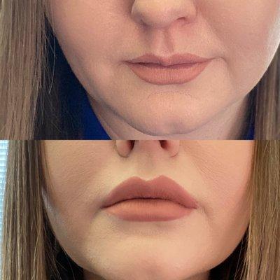 With makeup before and after (the before has subtle lipliner and is drawn on). After photo, no lipliner just Matte lipstick!