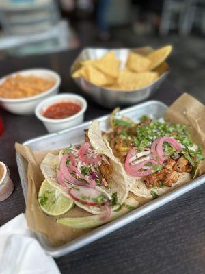 Grilled fish street taco and al pastor street tacos. Chips and salsa.