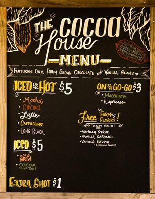 The Cocoa House Menu featuring our Farm Grown Cacao & Vanilla Beans.

Open 11am-3:30pm. Closed Tues & Wed