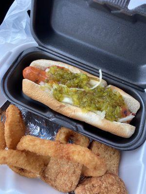 Jr tray hotdog, 4 onion rings, 3 nuggets