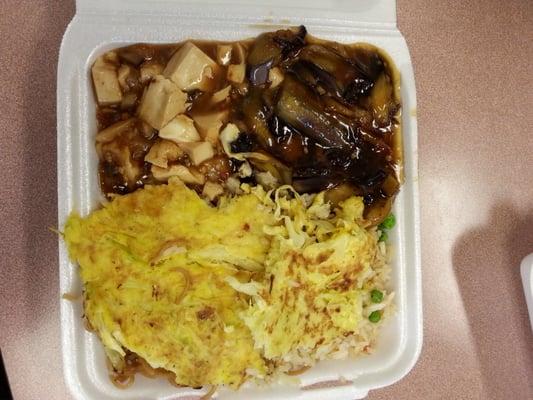 Eggplant, tofu, and egg fu yung mixed plate with half noodles, and half fried rice. I'll have enough left over for dinner too!