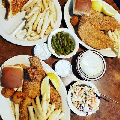 Cat fish plate, fish and fries plate, grilled cheese kids plate.