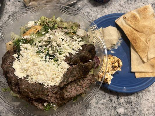 Fattouch salad with kafta kebab, harissa labany, hummus and pita.