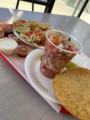 Shrimp taco, fish taco, and shrimp ceviche with tostada