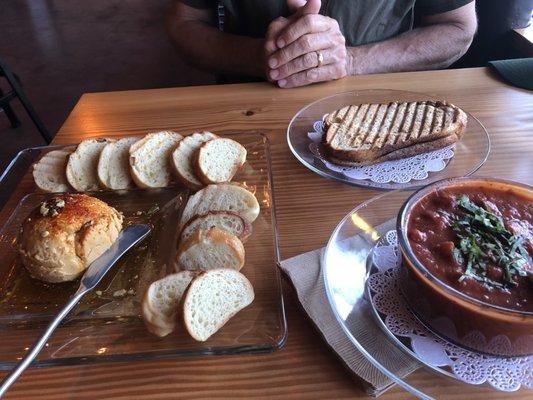 Hummus and bread, tomato soup, grilled cheese