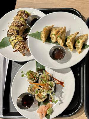 Dragon Roll, crispy kale dumplings, California roll