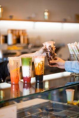 Guava Sunset, Strawberry Matcha, Caramel Cream & our Seasonal Drink