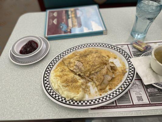 Turkey w/ dressing, mashed potatoes, and gravy on everything (except the cranberry sauce).