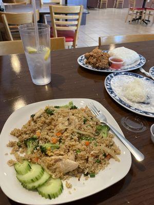 Chicken fried rice with sticky rice and chicken wings.