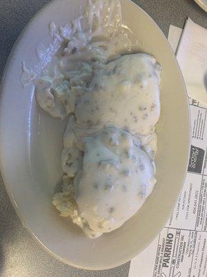 That's "1" biscuit and gravy!  Also known as SOS, shit on a shingle for us military Vets