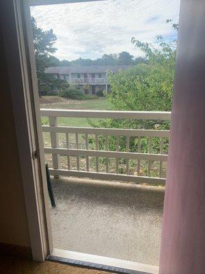 A view out of room onto terrace.