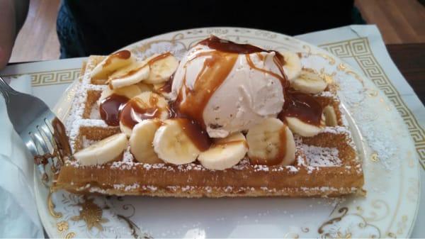 Amazing! Home made Brussels waffle with Carmel sauce, butter pecan ice cream and fresh bananas!